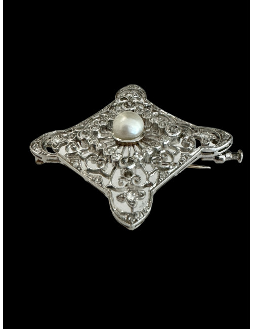 Broche Art-Déco en platine, diamants et perle fine