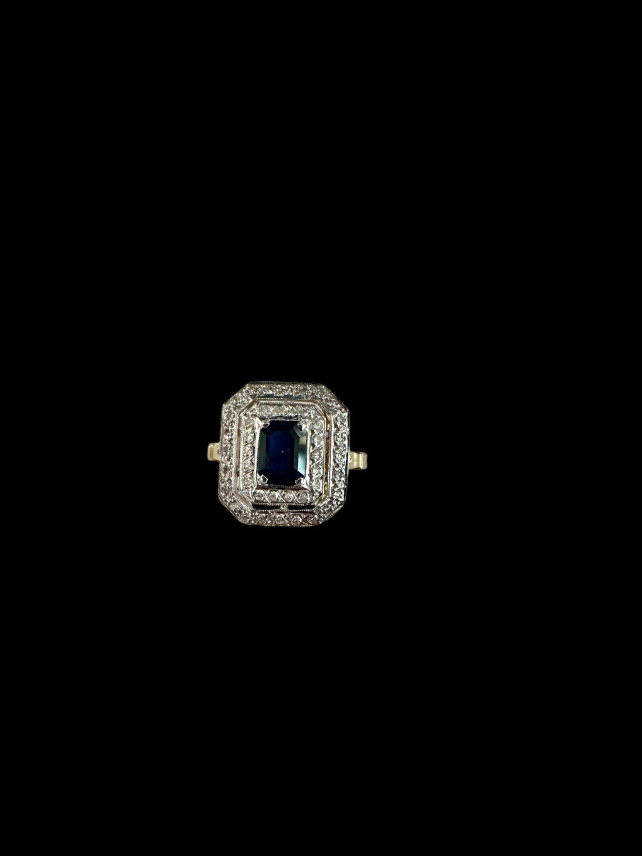 Bague Art-déco Ornée d'Un Saphir Et De Diamants