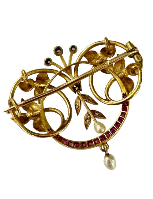 Broche Art-Nouveau en or, rubis et diamants